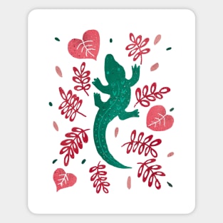 Green crocodile and red leaves Magnet